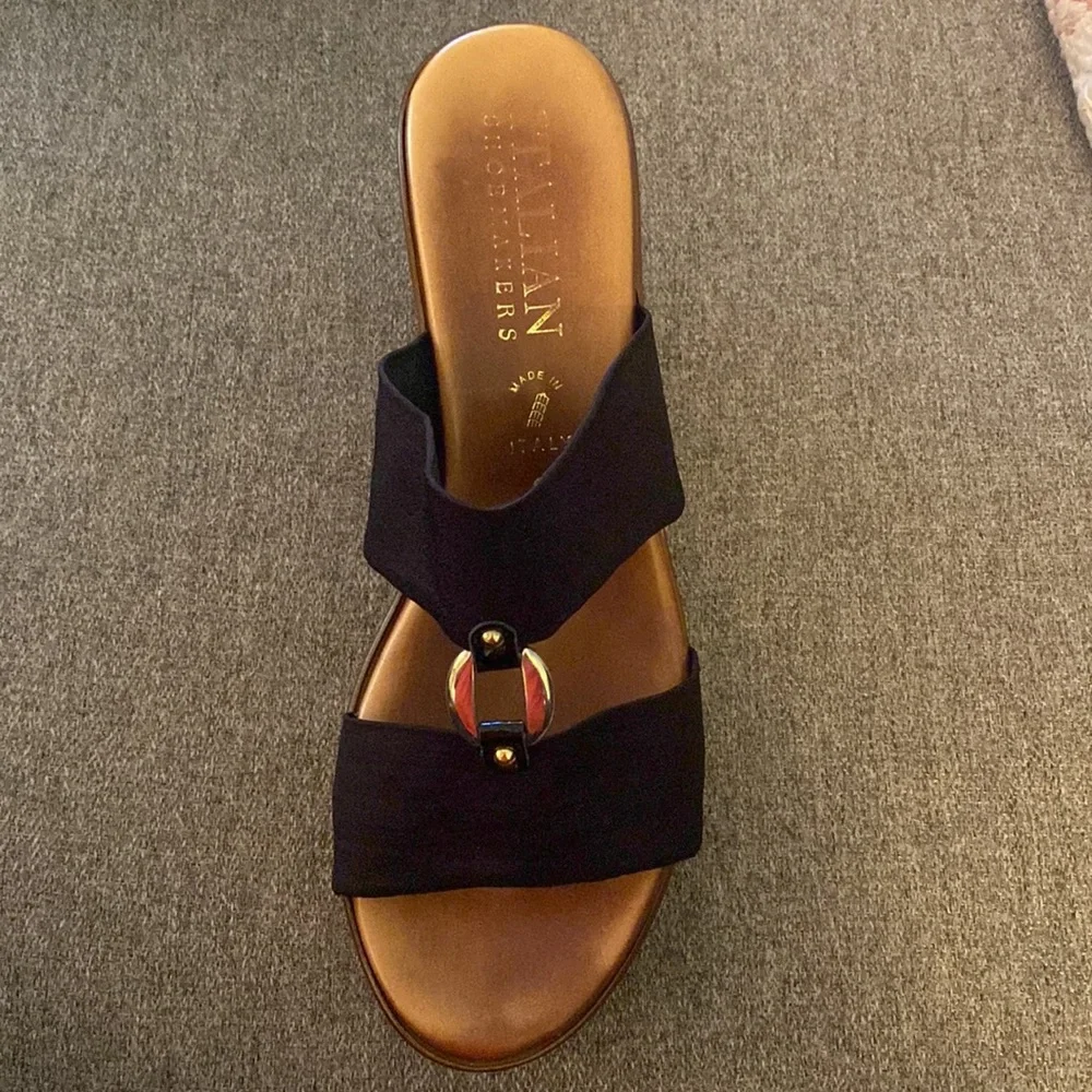 Italian Shoemakers Black Nylon Brass And Leather Wedge Sandal Womens Size 9 - Picture 3 of 15